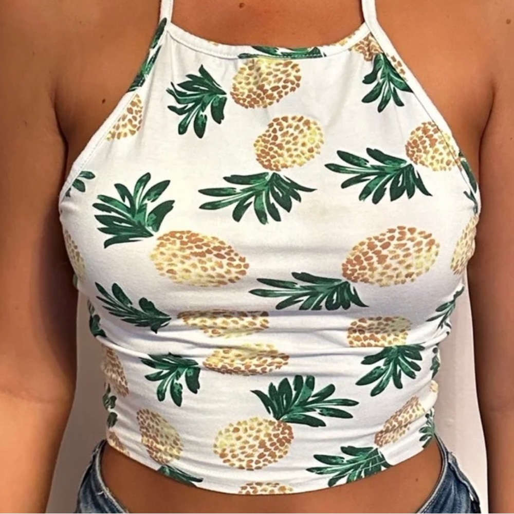 White Pineapple Cropped Halter Top